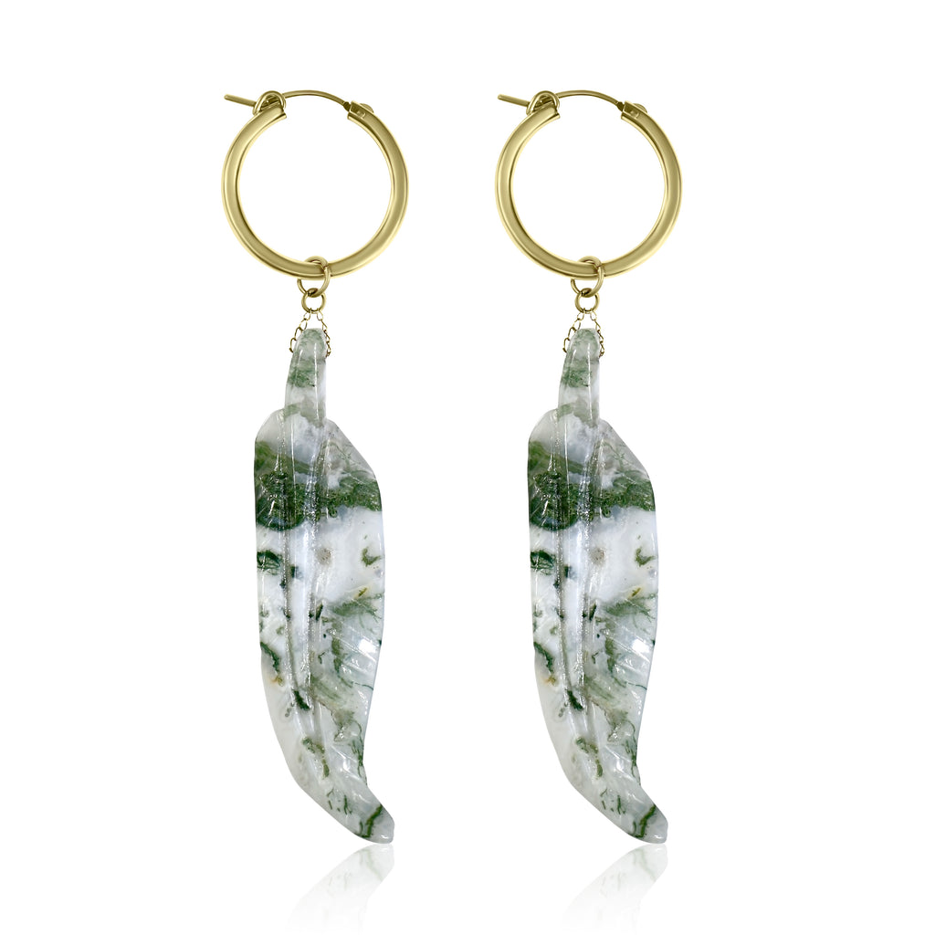 Feather Hoops - Green Moss Agate