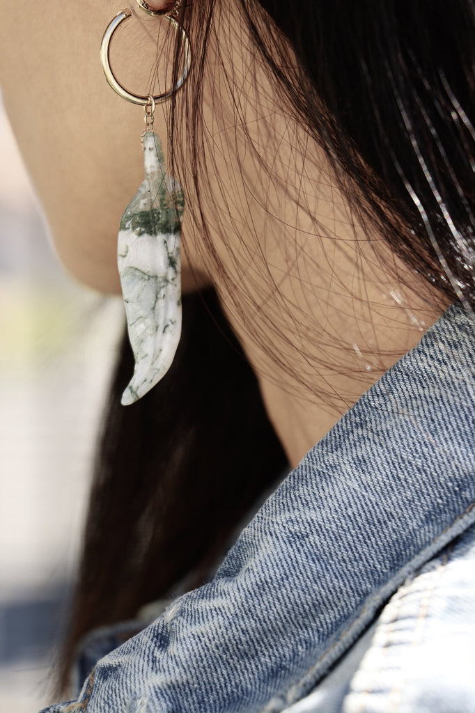 Feather Hoops - Green Moss Agate