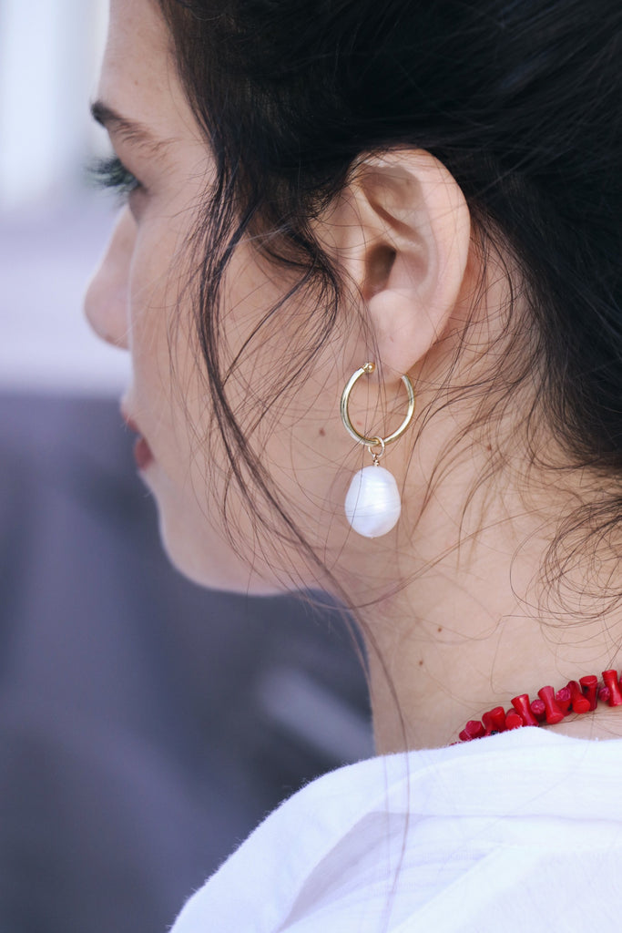 14k White Pearl Hoops