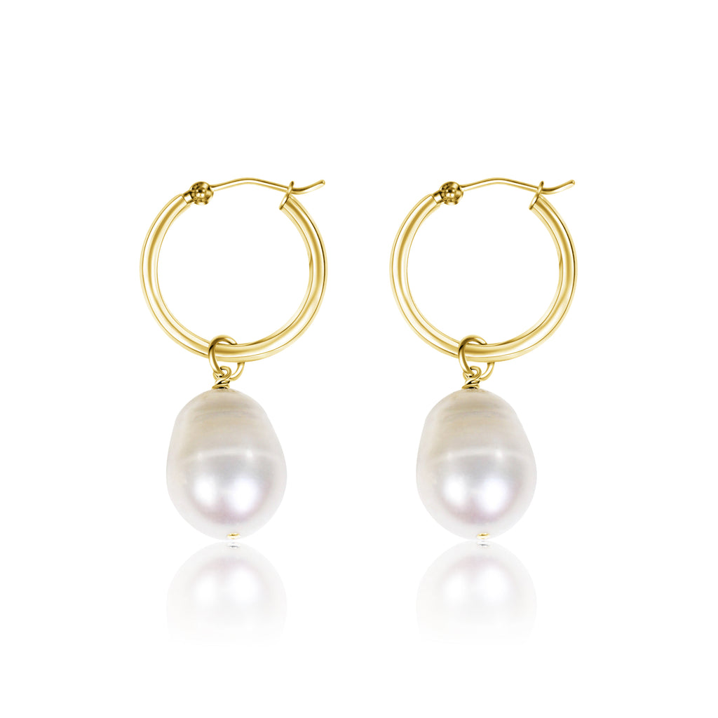14k White Pearl Hoops